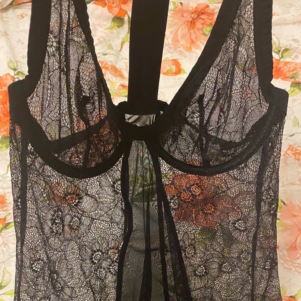 Medium Sexy Little Things black floral lace nightie. Stretchy, racerback straps.